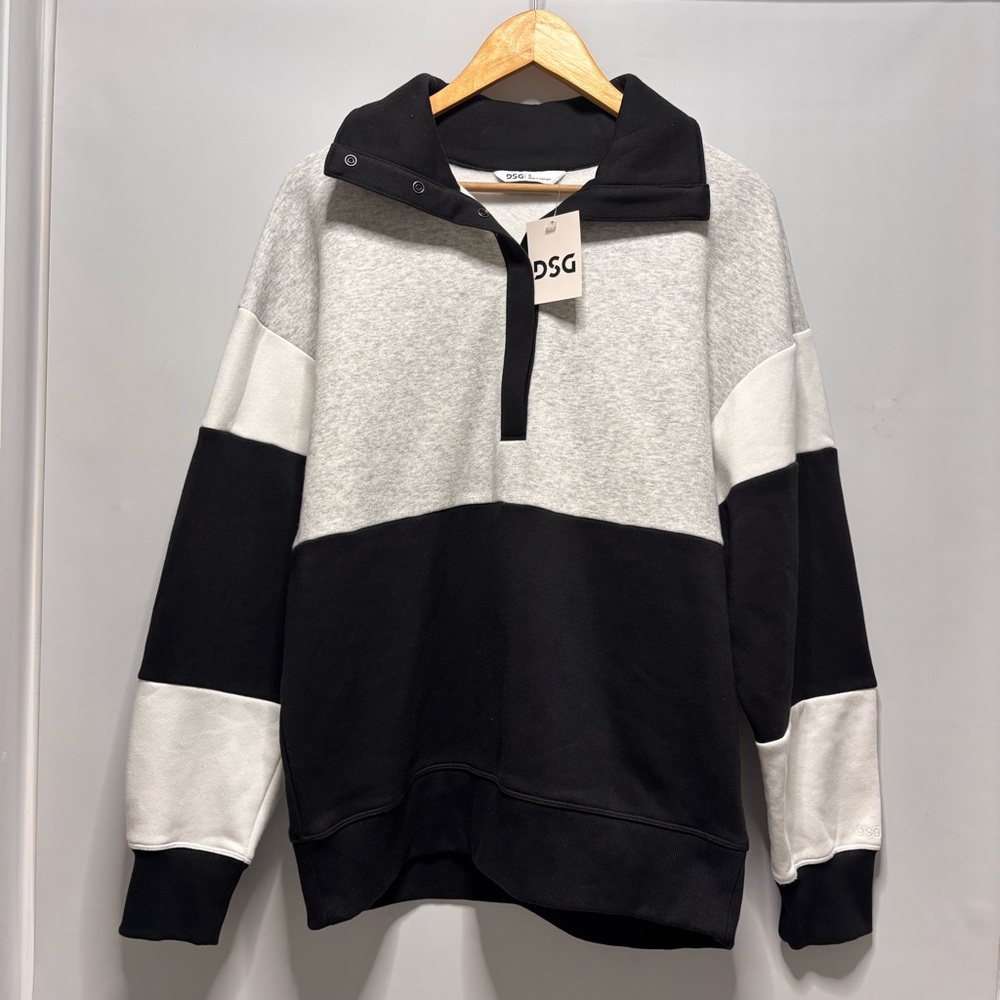 DSG Sweatshirt Classic Cotton Snap Neck Grey White Black Pullover Womens S NWT